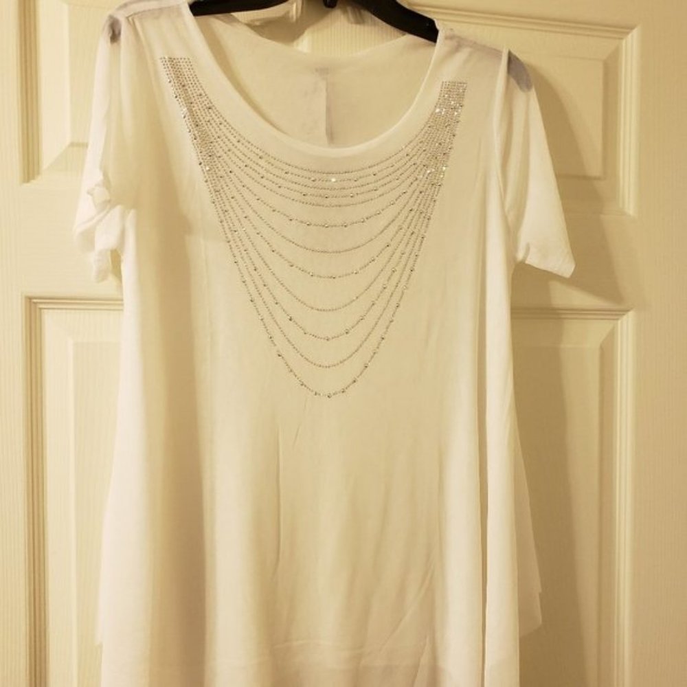 NWT ** SHEER WHITE TOP W/ RHINESTONE NECK